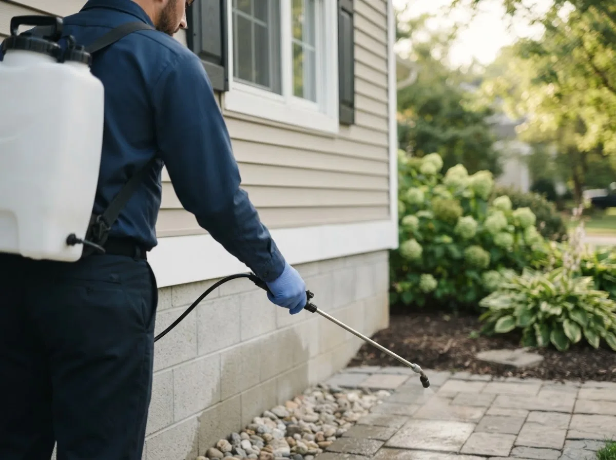 Pest control technician inspecting a home in Houtzdale, PA